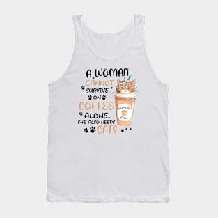 A woman cannot survive on coffee alone she also needs cats Funny Quote Hilarious Sayings Humor Tank Top